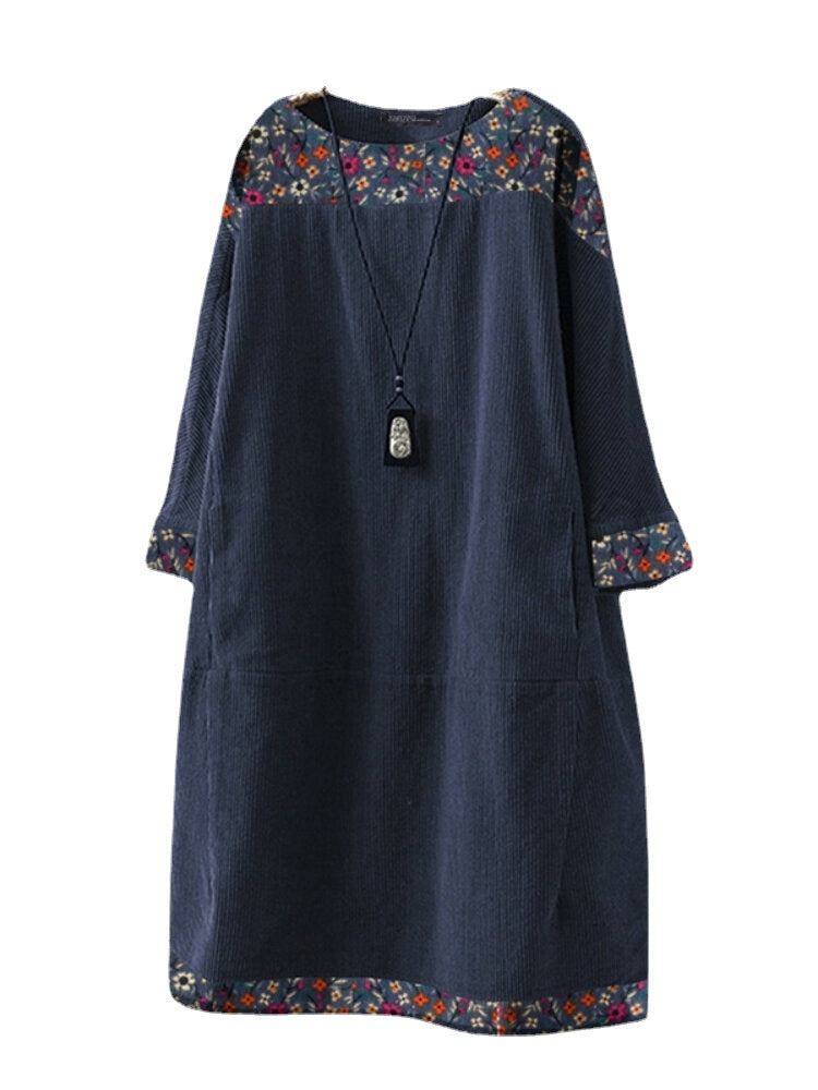 Women Corduroy Floral Printed O-Neck Loose Casual Knee Length Midi Dress