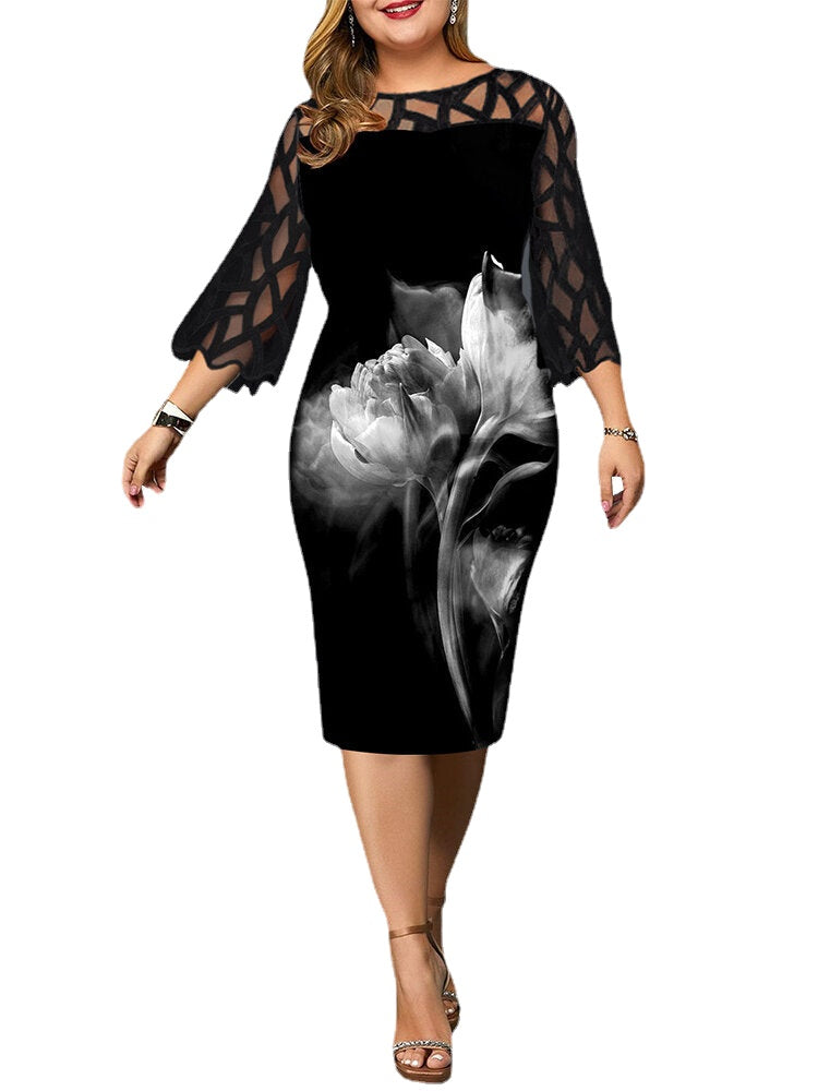 Women Flower Print Patchwork Lace Bell Sleeve Plus Size Casual Dress