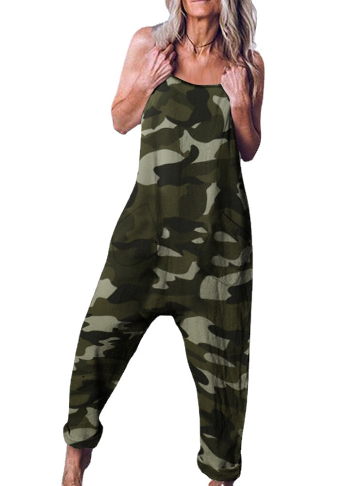 Women Loose Camouflage Print Sleeveless Harem Pants Jumpsuit with Side Pockets