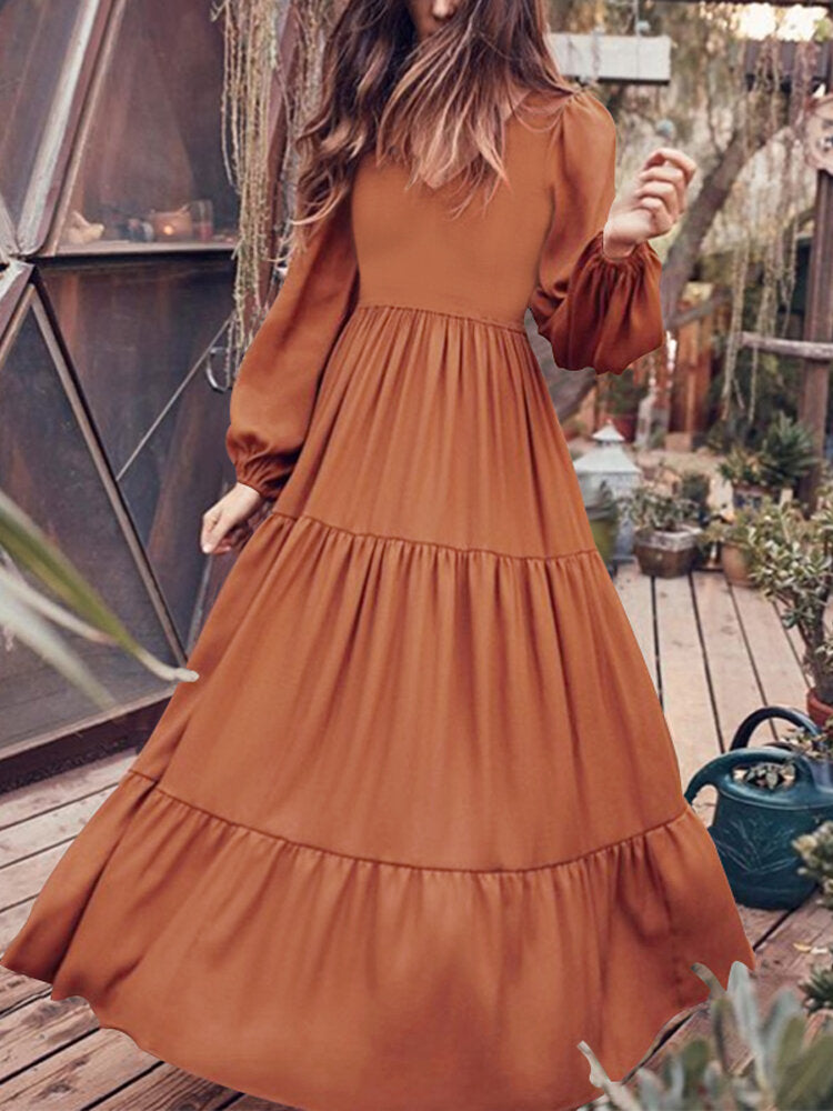 Women Retro Solid Color Back Zipper Puff Sleeve Loose Casual Maxi Dress