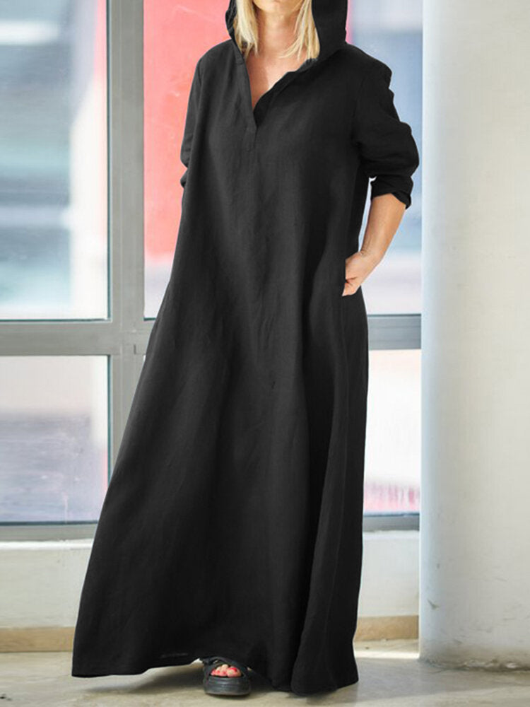 Women Vintage V-Neck Side Pockets Split Cotton Maxi Dress