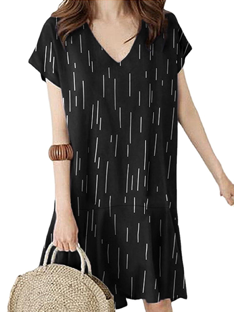 Striped Print Ruffled V Neck Short Sleeve Midi Dress