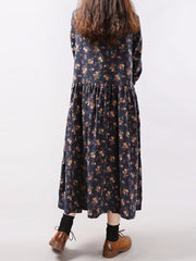 Women Floral Printed Pleated Long Sleeve Maxi Dresses