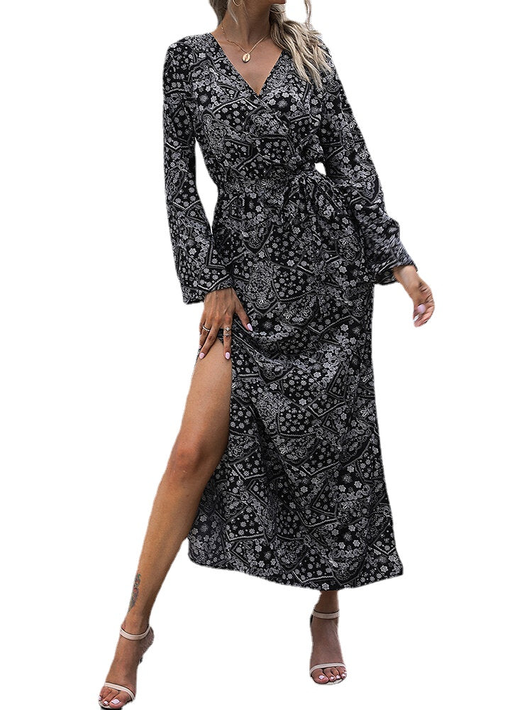 Women Ethnic Style Print Long Sleeve Side Split Casual Maxi Dresses