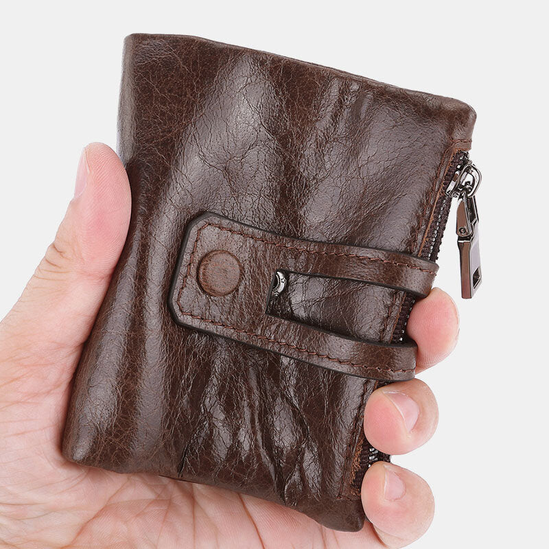 Men Genuine Leather Zipper RFID Blocking Anti-theft Retro Business Card Holder Wallet