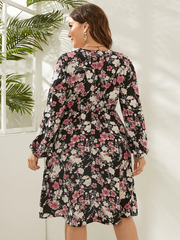Plus Size V-neck Floral Print Long Sleeves Dress