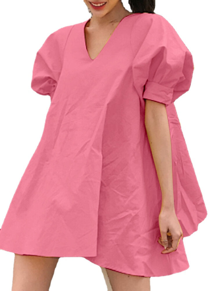 Puff Sleeve Solid Pleating Summer Holiday Dress For Women