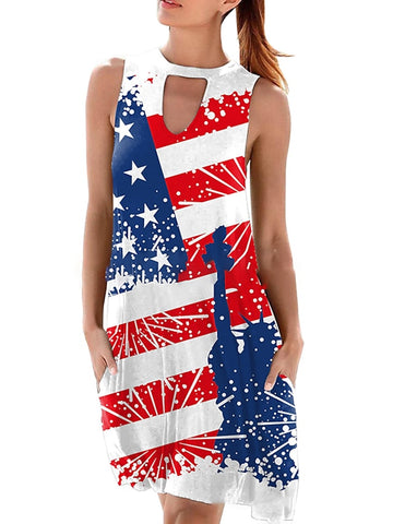 Women's Sleeveless Flag Crew Neck Weekend Casual Dress With Pocket