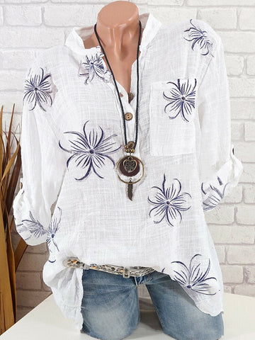 Women Vintage Floral Printed Stand Collar Button Casual Long Sleeve Blouse