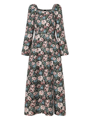 Women Floral Print Square Neck High Split Long Sleeve Slim Midi Dress