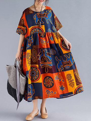 Women Retro Folk Style Print Loose O-Neck Short Sleeve Dress