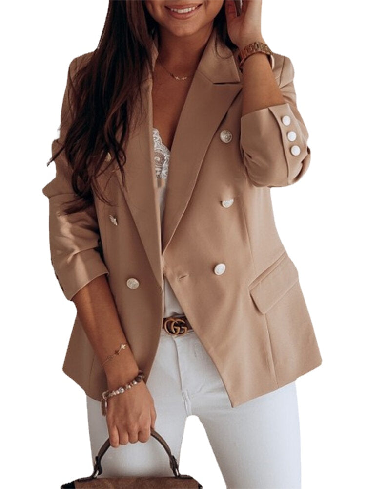 Women Solid Color Lapel Double Breasted Elegant OL Blazers