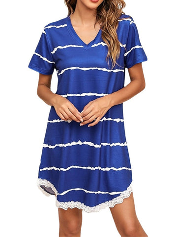 Women's Plus Size Pajamas Nightgown Nighty Pjs Stripe Sport Simple Comfort Home Daily Vacation Cotton Breathable V Wire Short Sleeve Spring Summer Blue Wine, Sweet, Lace, Print