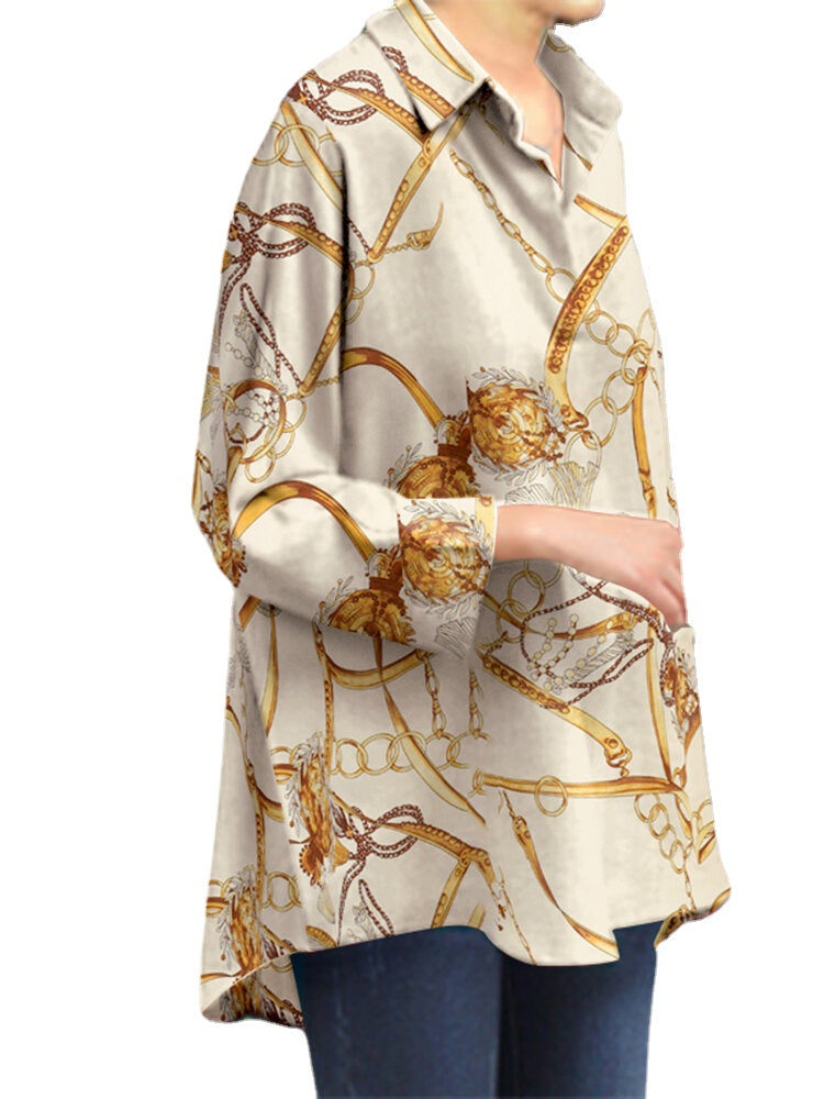 Chain Print Long Sleeve Lapel Blouse For Women