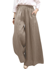 Solid Pocket Elastic Waist Wide Leg Casual Pants