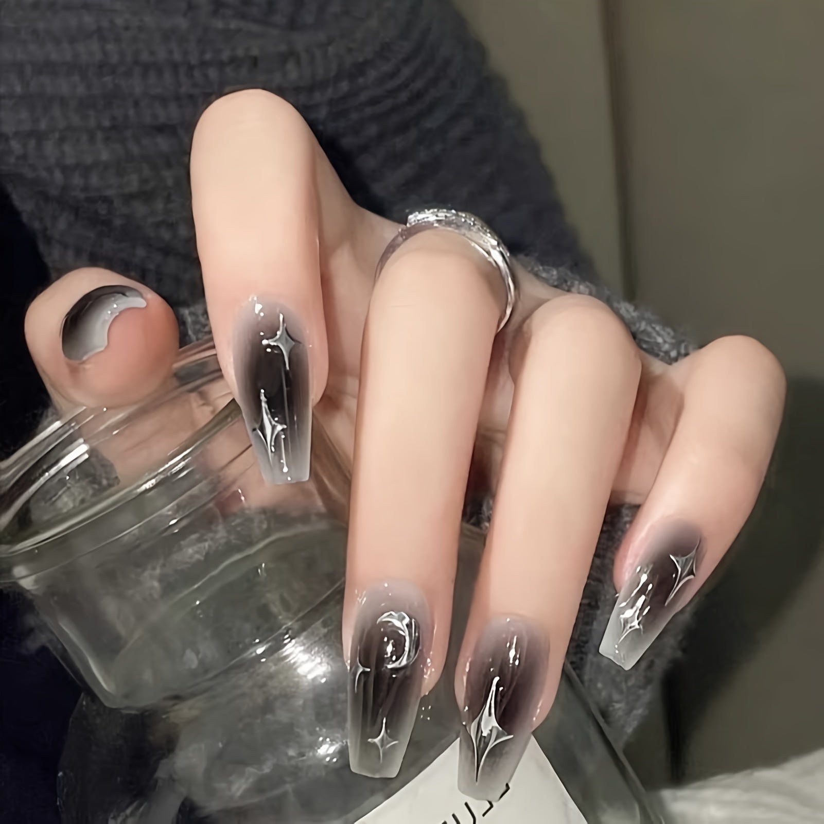 24Pcs Glitter Gradient Press on Nails, Grey Black Moon Stars Design, Medium Coffin Acrylic Nails for Women Girls