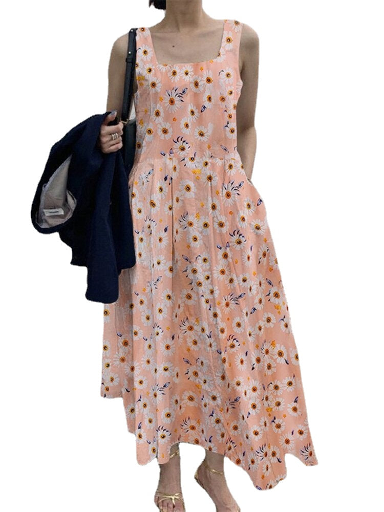 Flower Print Ruched Pocket Square Collar Sleeveless Midi Dress