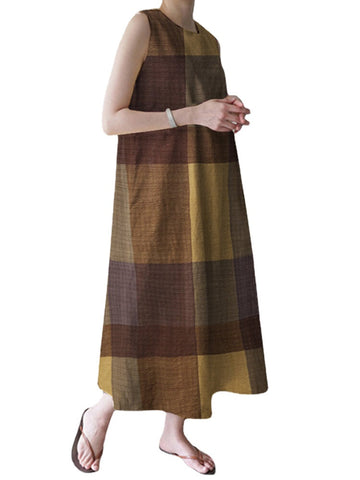 Casual Grid Printed Sleeveless Vintage Side Pocket Maxi Dress For Women