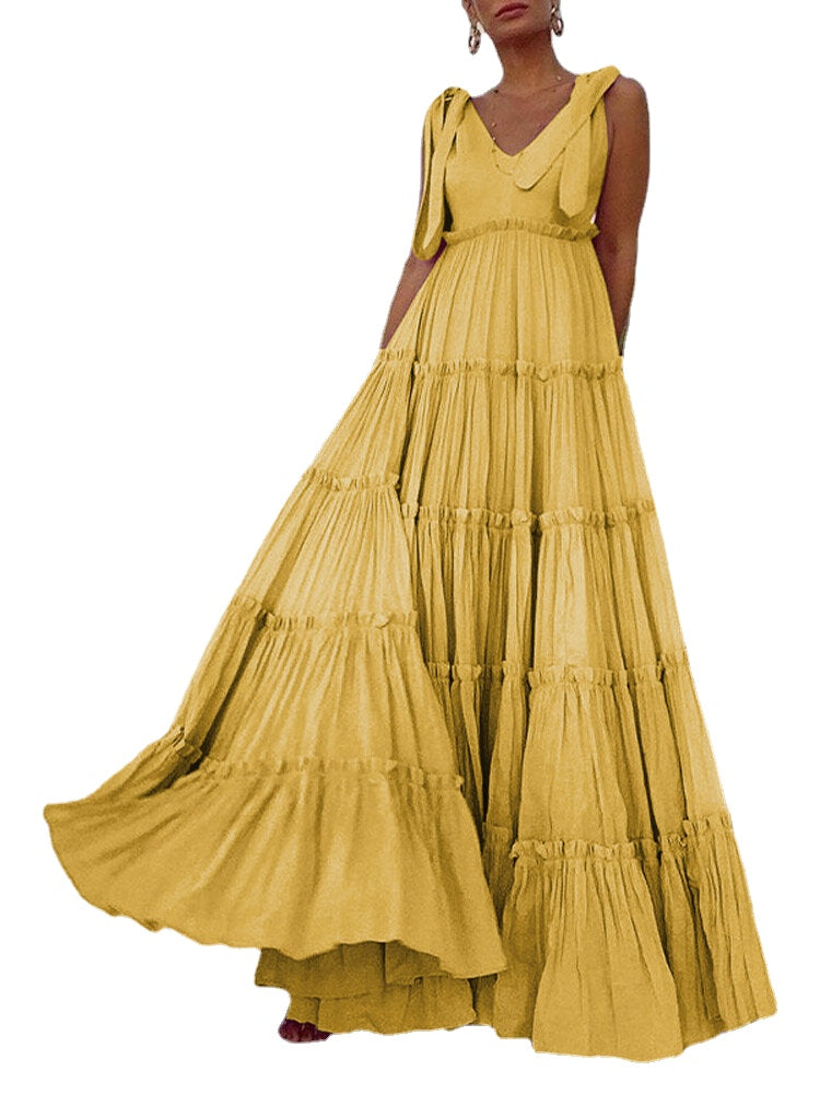 Leisure Solid Lettuce-Edge Knotted Zip V Neck Maxi Dress