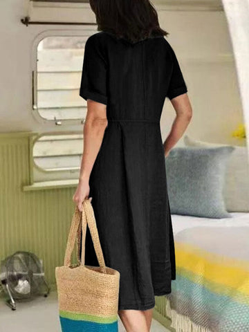 Cotton Solid Pocket Ruched Short Sleeve Casual Midi Dress