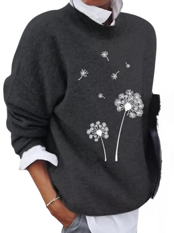 Plus Size Women Flower Print Round Neck Simple Long Sleeve Sweaters