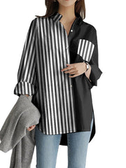 Women Stripes Patchwork High Low Split Hem Casual Long Sleeve Shirts