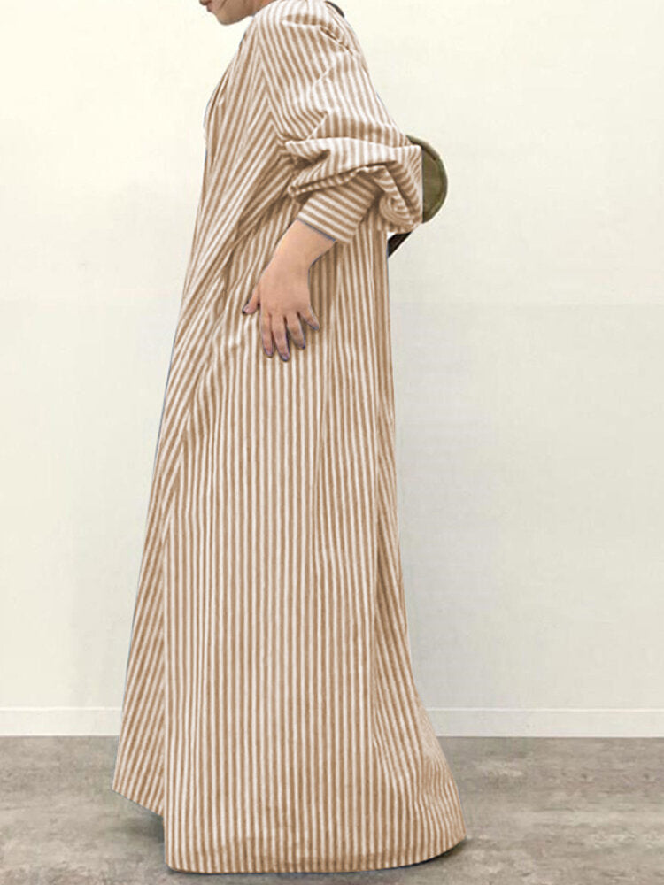 Stripe Print Button V-neck Long Sleeve Loose Shirt Dress