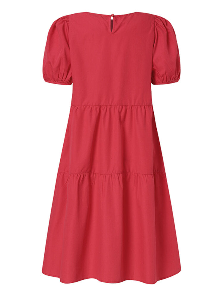 Women Solid Color Tiered Round Neck Stitching Casual Short Sleeve Midi Dresses