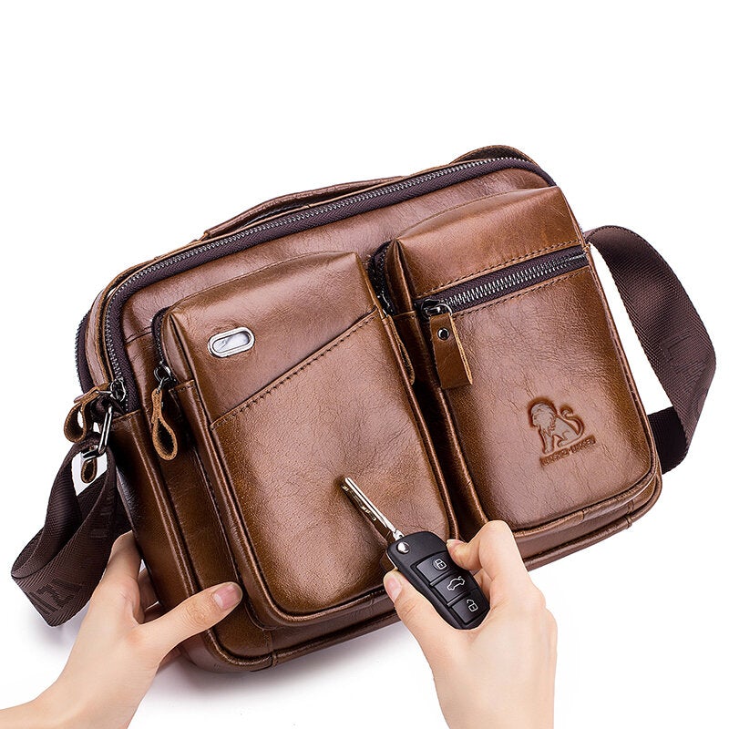 Men Genuine Leather Crossbody Bag Earphone Cowhide