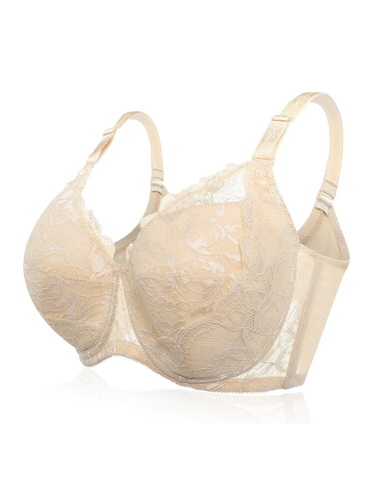 Plus Size Lace Jacquard Gather Full Coverage Push Up Bra,Milk Yellow