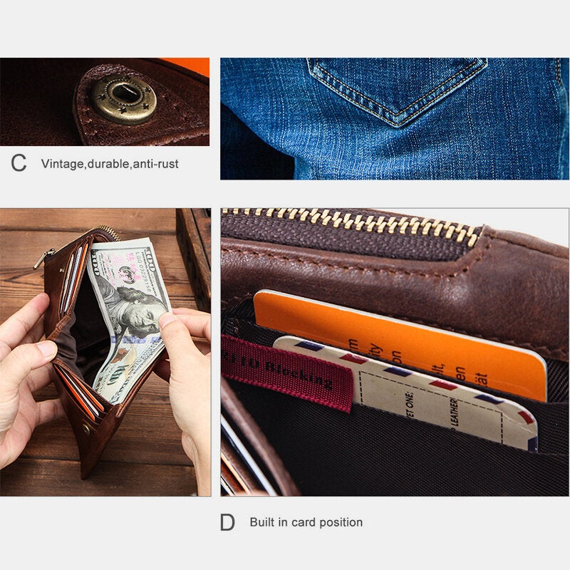 Men Genuine Leather RFID Anti-theft Retro Business Durable Zipper Multi Card Slots Holder Wallet