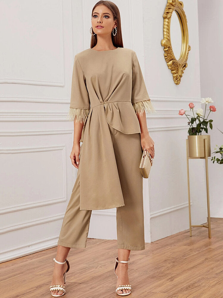 Casual Loose O-neck Half Sleeve Irregular Hem Blouse