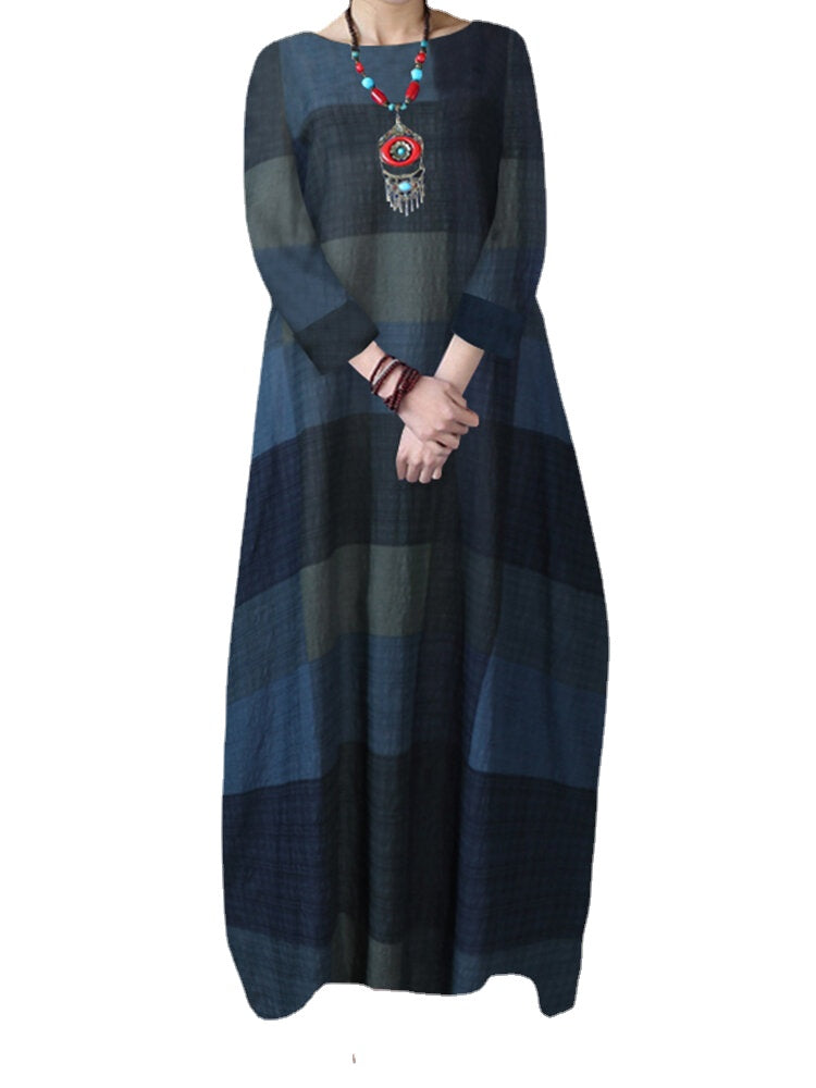 Side Pockets Plaid Maxi Dress Leisure For Women