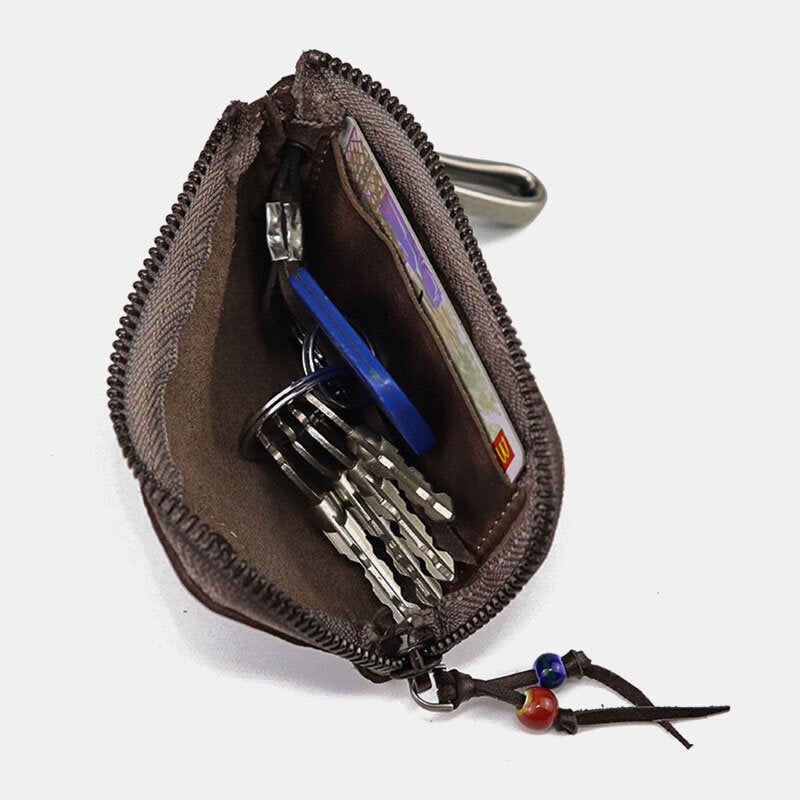 Men Vegetable Tanned Leather Metal Label Keychain Wallet Washed Retro Zipper Card Holder With Hook
