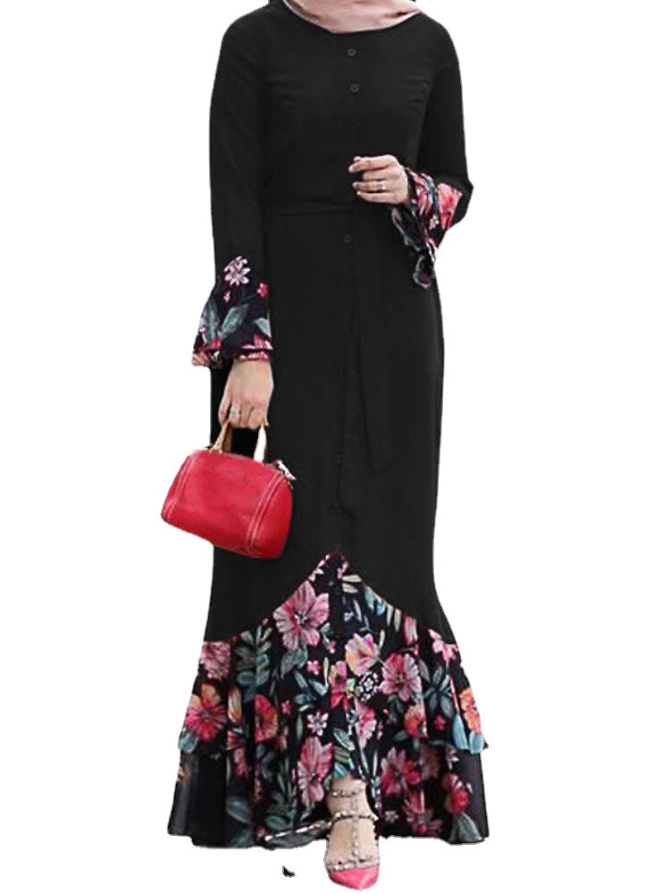 Women Floral Print Patchwork Mermaid Hem Long Sleeve Lace-Up MaxiDress