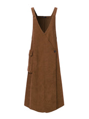 Women Corduroy V-Neck Sleeveless Solid Retro Casual Pockets Dress