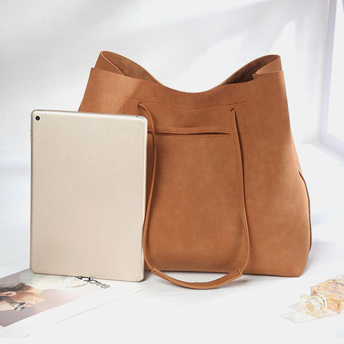 Women Artificial Leather Vintage Large Capacity Tote Bag Soft Magnetic Buckle Brief Handbag