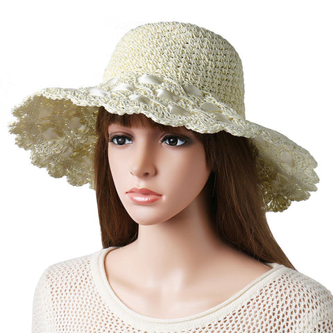 Women Breathable Foldable Bow Sunscreen Bucket Straw Hat Outdoor Casual Travel Beach Sea Floppy Hat