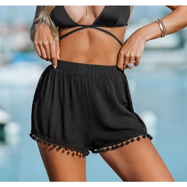 Women's Swimwear Beach Bottom Normal Swimsuit Tassel Solid Color Black White Bathing Suits Sports Fashion Beach Wear