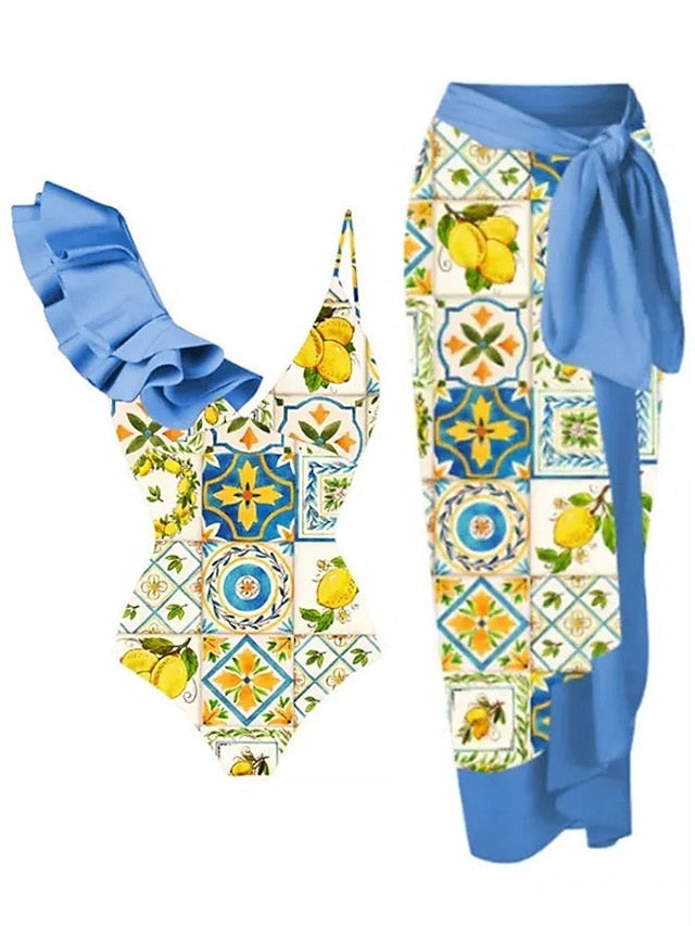 Women's Tankini Monokini Bathing Suit 2-Piece Ruffle Floral Print Padded Strap Pink Blue Retro