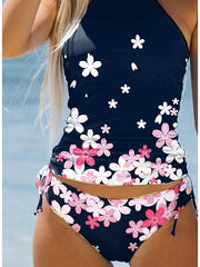 Women's Swimwear Tankini Bathing Suits 2 Piece Normal Swimsuit Halter 2 Piece Modest Swimwear Floral Print Navy Blue Padded Bathing Suits Sports Vacation Beach Wear