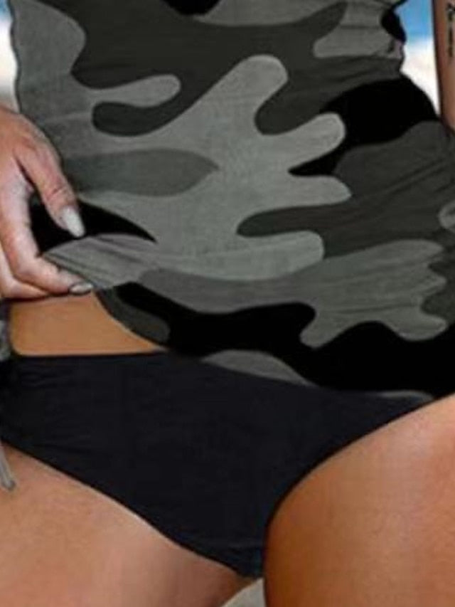 Women's Swimwear Tankini 2 Piece Normal Swimsuit 2 Piece Open Back Printing Camo Camouflage Black Padded V Wire Bathing Suits New Casual Vacation / Modern / Spa / Strap / Padded Bras / Strap