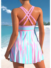 Women's Swimwear Swimdresses Normal Swimsuit 2 Piece Printing Striped Pink Bathing Suits Sports Beach Wear Summer