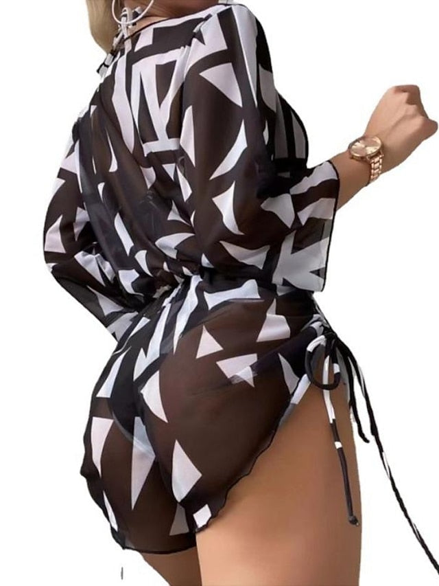 Women's Swimwear Bikini Normal Swimsuit 3-Piece Printing Leaf Geometic Black Orange Green Bathing Suits Sports Beach Wear Summer