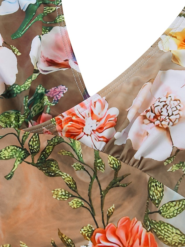 Women's Swimwear Tankini 2 Piece Normal Swimsuit High Waisted Trees / Leaves Floral Print Khaki Padded V Wire Bathing Suits Sports Vacation Sexy / Strap / New / Strap