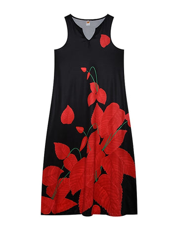 Women's Sleeveless Floral Print V Neck Casual Loose Fit Linen Long Dress