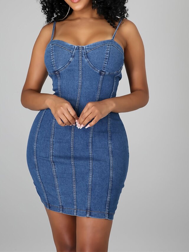 Women's Denim Mini Dress - Sleeveless, Backless, Spaghetti Strap for Summer