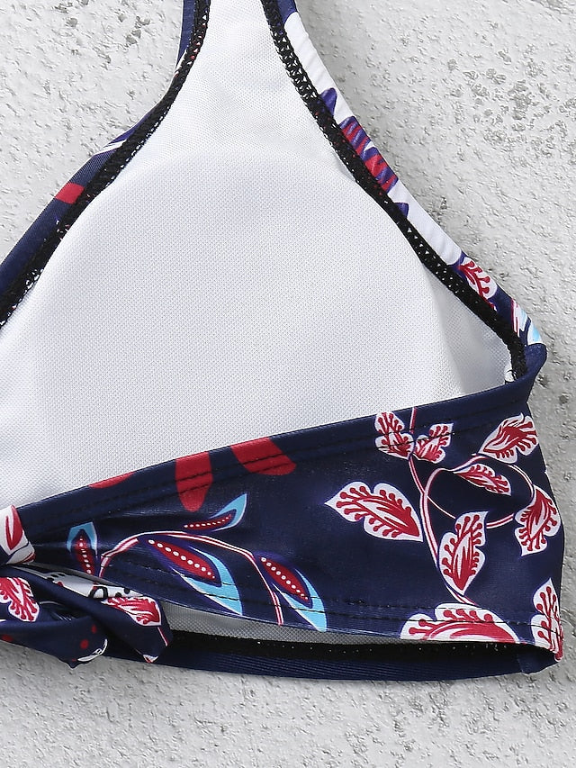 Women's Swimwear Bikini 2 Piece Normal Swimsuit Halter 2 Piece Open Back Sexy Floral White Blue Dusty Blue Green Halter V Wire Bathing Suits Sexy Vacation Beach Wear