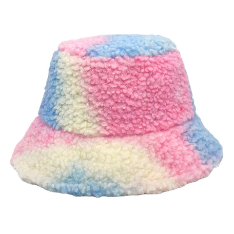 Women Tie-dye Mix Color Lamb Hair Warm Casual Cute Bucket Hat