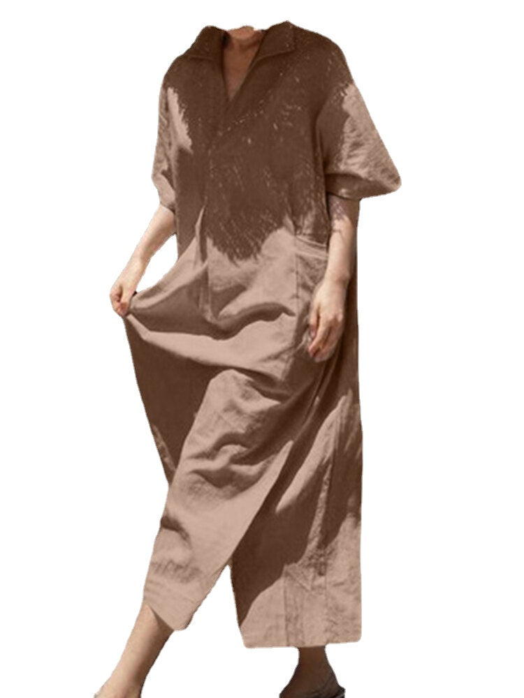 Solid Color Half Sleeve Lapel Loose Cotton Maxi Dress